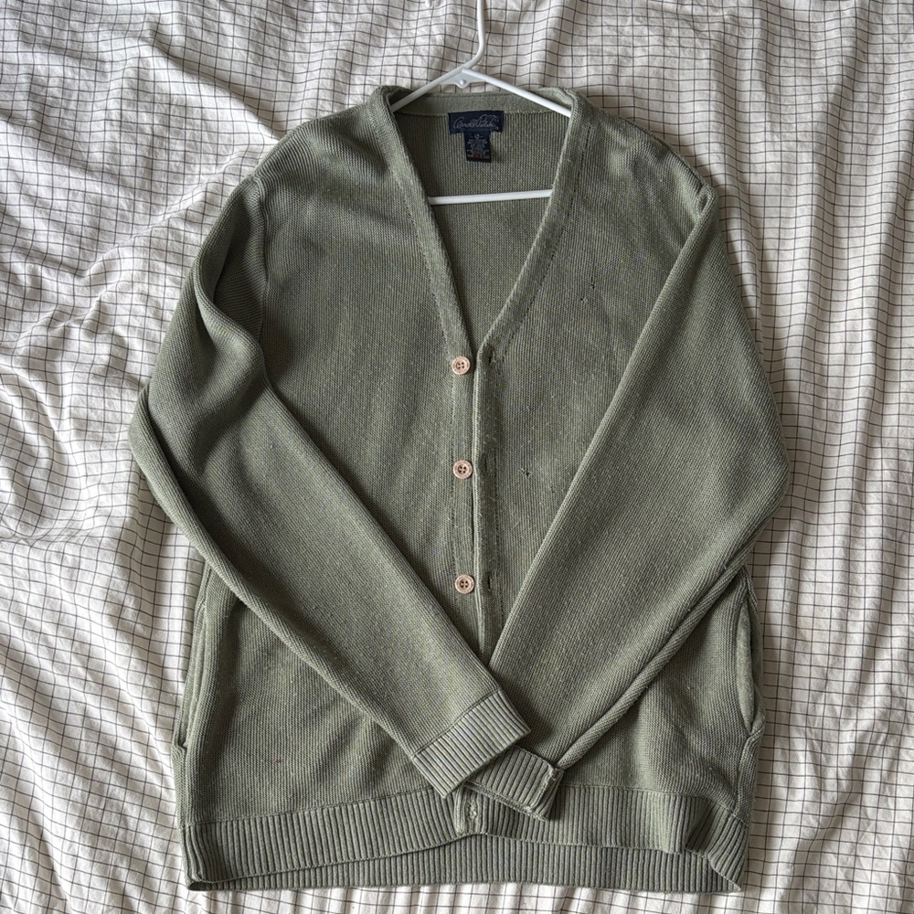 Men's Olive Green V-Neck Cardigan Sweater
